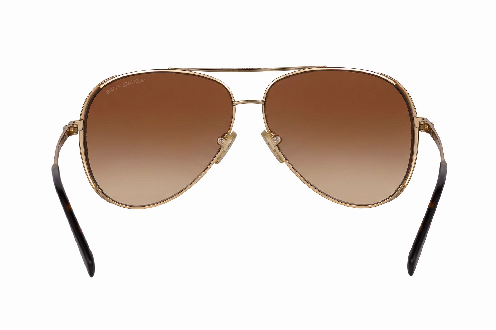 Fashionable aviator sunglasses with brown gradient lenses and gold frame.